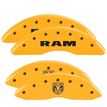 Picture of MGP 4 Caliper Covers Engraved Front Ram Rear Ramhead Yellow Finish Black Char 2010 Dodge Ram 2500