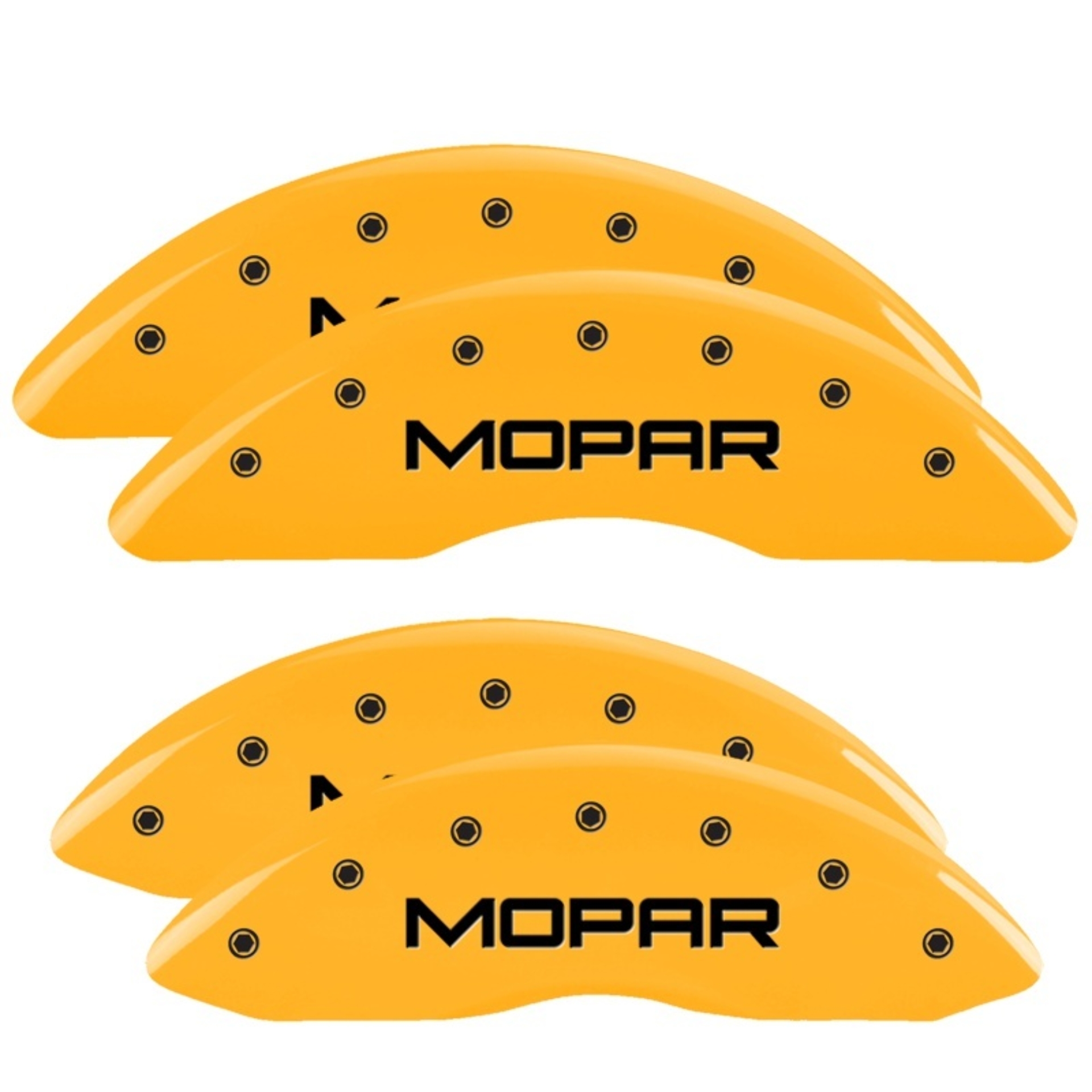 Picture of MGP 4 Caliper Covers Engraved Front & Rear Mopar Yellow Finish Black Char 2010 Dodge Ram 2500