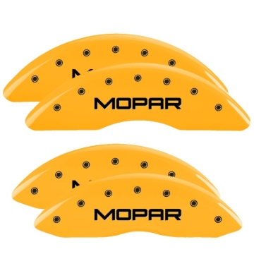 Picture of MGP 4 Caliper Covers Engraved Front & Rear Mopar Yellow Finish Black Char 2010 Dodge Ram 2500