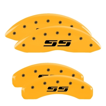 Picture of MGP 4 Caliper Covers Engraved Front & Rear Silverado SS Yellow Finish Black Char 2001 Chevy Tahoe