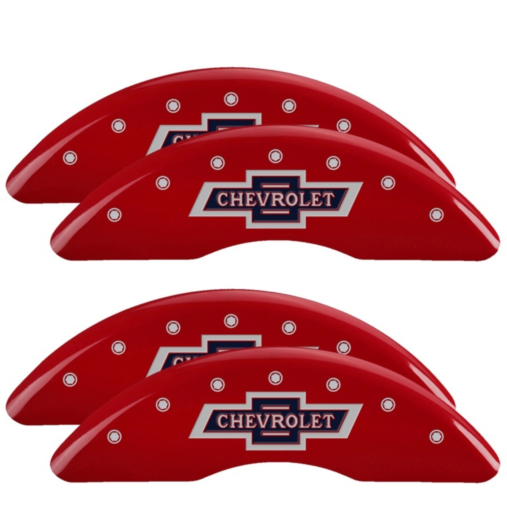 Picture of MGP 4 Caliper Covers Engraved F & R 100th Anniv Red Finish Silver Char 2019 Chevy Silverado 3500 HD