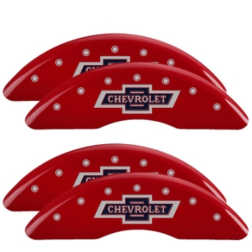 Picture of MGP 4 Caliper Covers Engraved F & R 100th Anniv Red Finish Silver Char 2019 Chevy Silverado 3500 HD