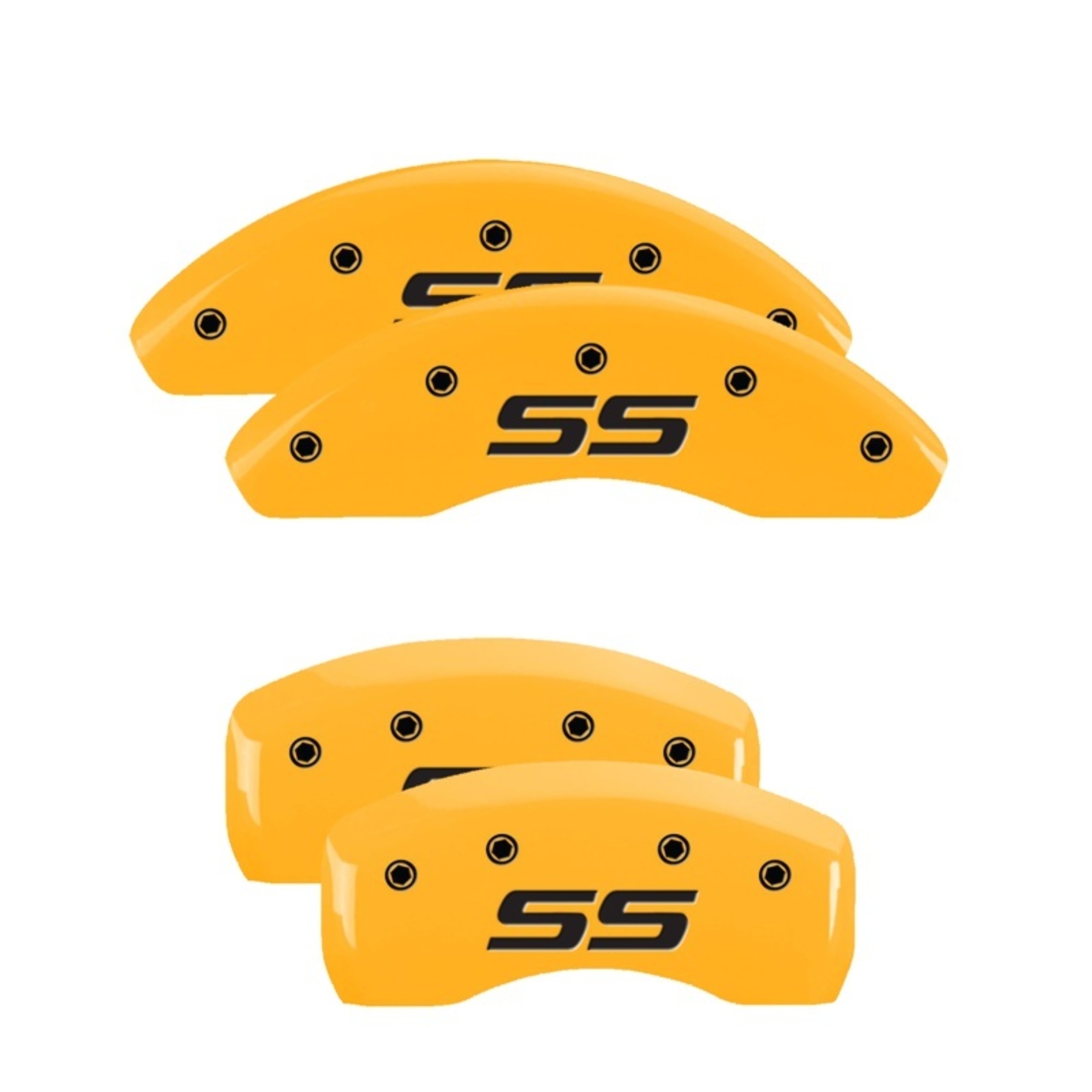 Picture of MGP 4 Caliper Covers Engraved Front & Rear Monte Carlo SS Yellow Finish Black Char 2008 Chevy Impala