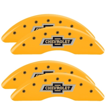 Picture of MGP 4 Caliper Covers Engraved F & R 100th Anniv Yellow Finish Black Char 2019 Chevy Silverado 2500HD