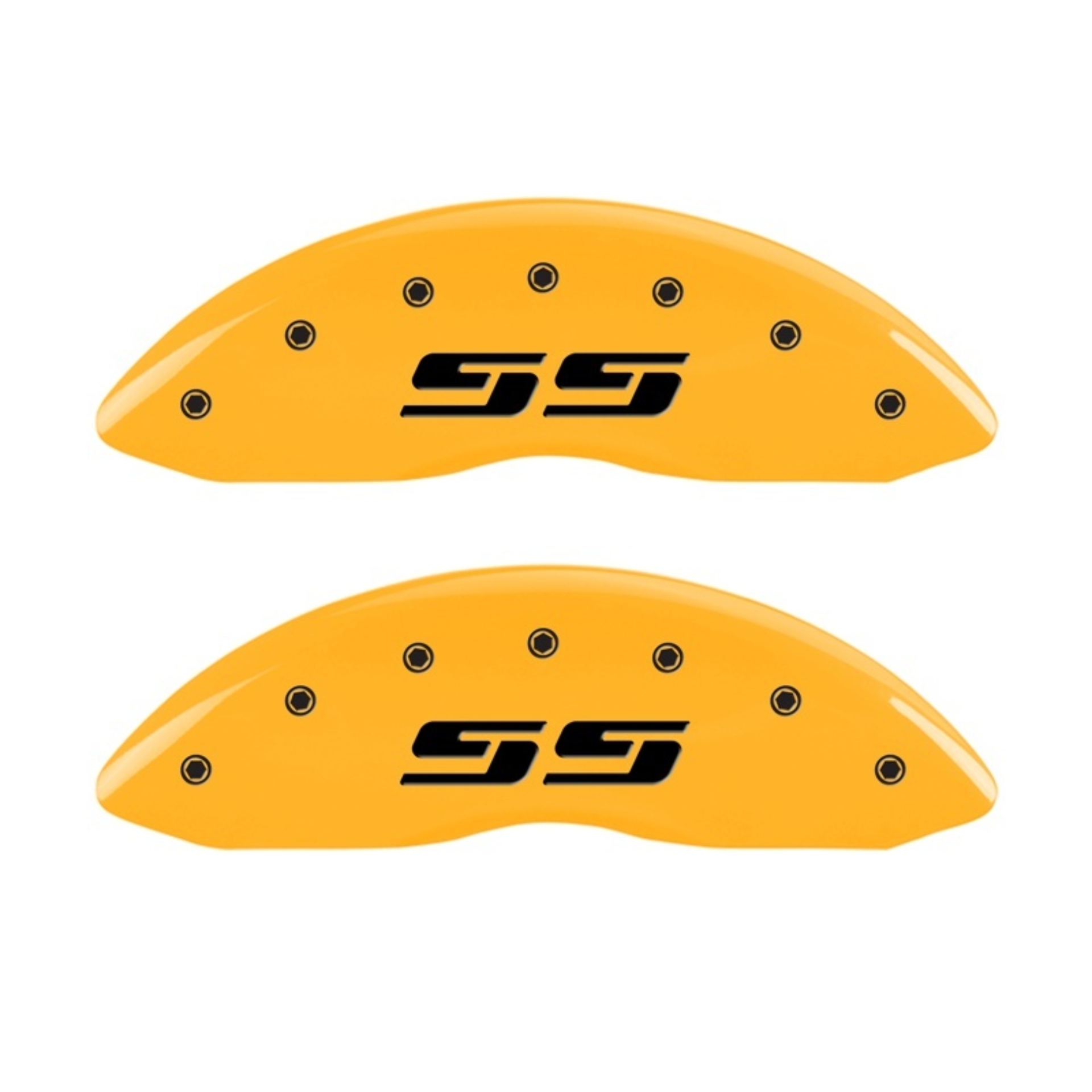 Picture of MGP 2 Caliper Covers Engraved Silverado SS Yellow Finish Blk Char 05 Chevy Silverado 1500