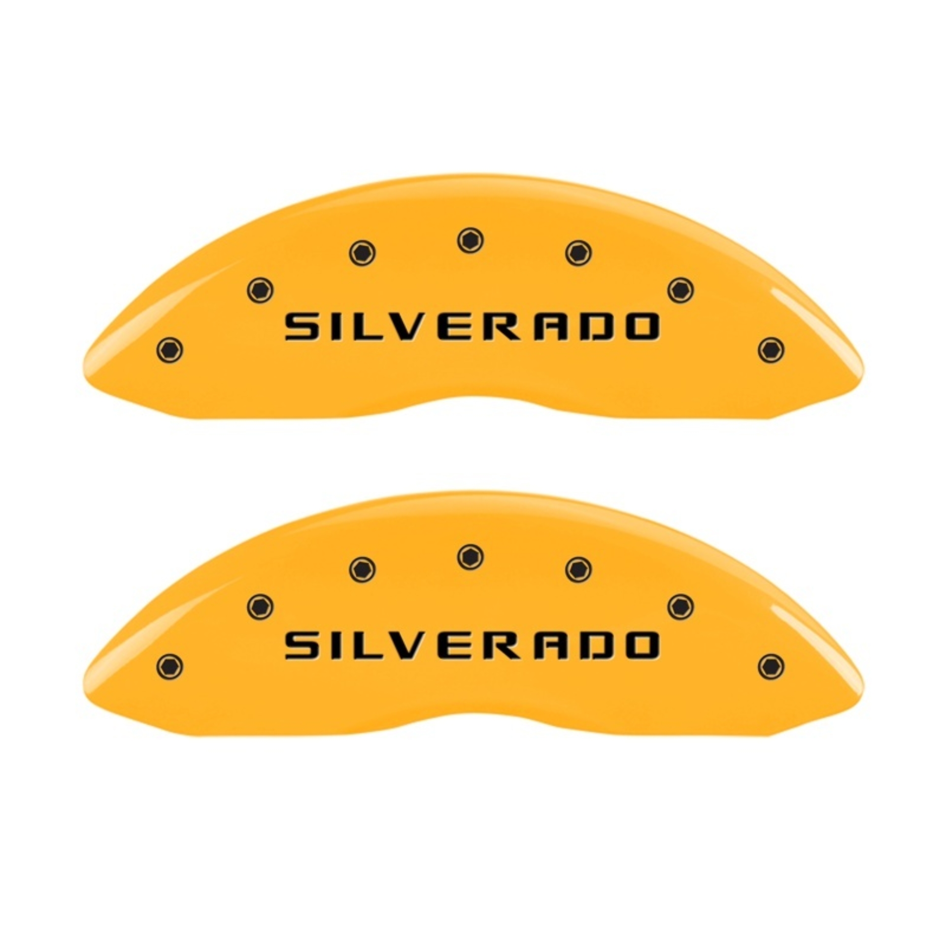 Picture of MGP 2 Caliper Covers Eng Front Silverado Yellow Finish Blk Char 05 Chevy Silverado 1500