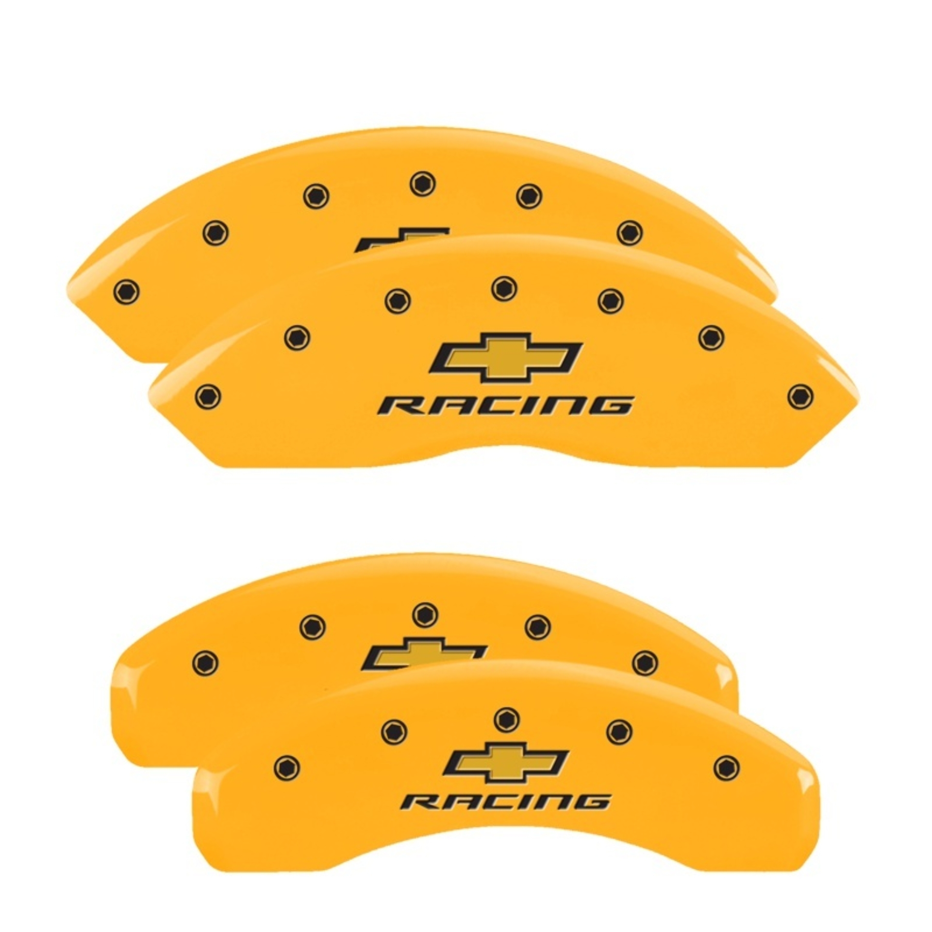 Picture of MGP 4 Caliper Covers Engraved F & R Chevy Racing Yellow Finish Black Char 2017 Chevrolet Camaro