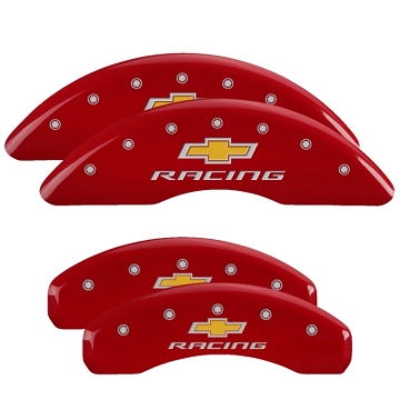 Picture of MGP 4 Caliper Covers Engraved Front & Rear Chevy Racing Red Finish Silver Char 2016 Chevrolet Camaro