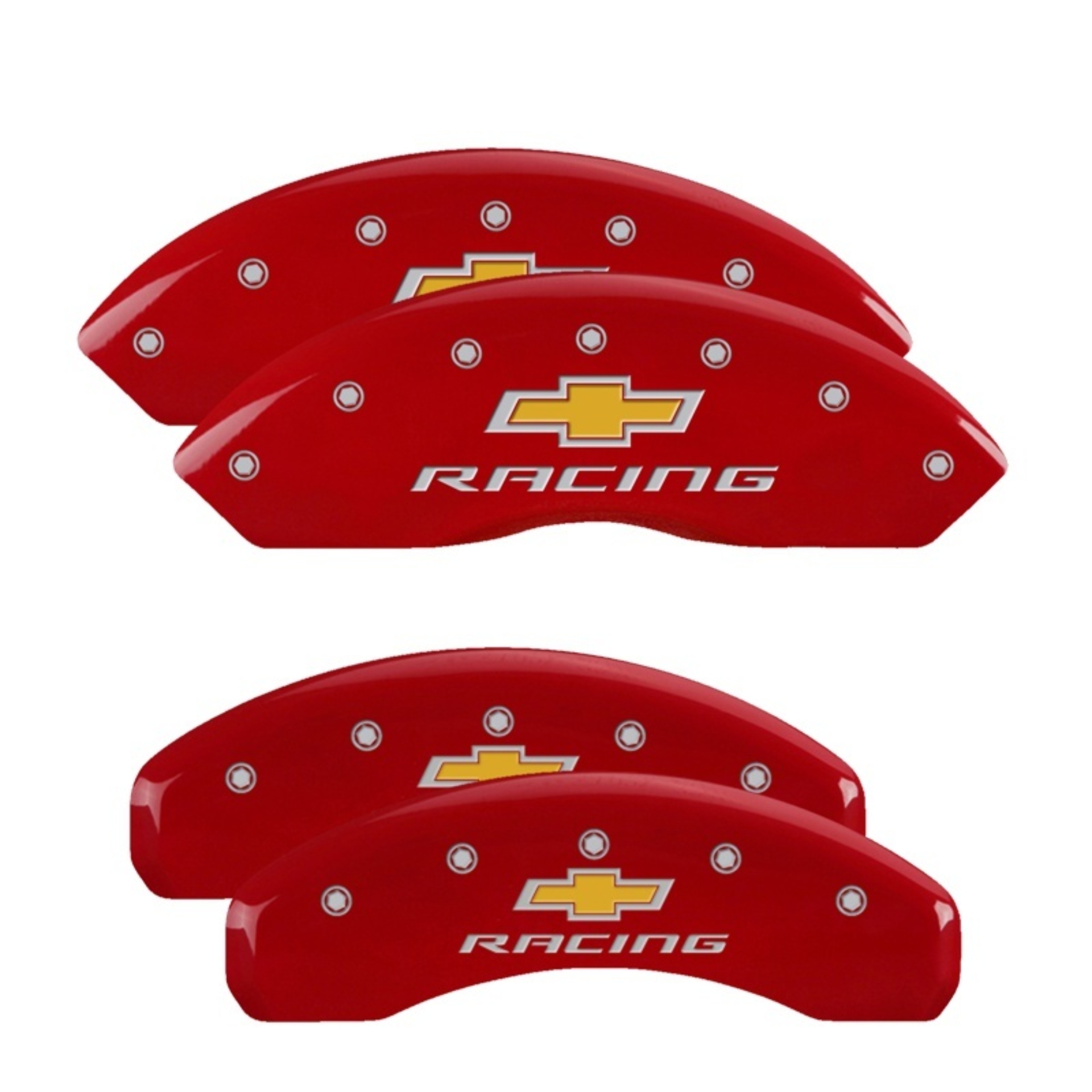 Picture of MGP 4 Caliper Covers Engraved Front & Rear Chevy Racing Red Finish Silver Char 2017 Chevrolet Camaro