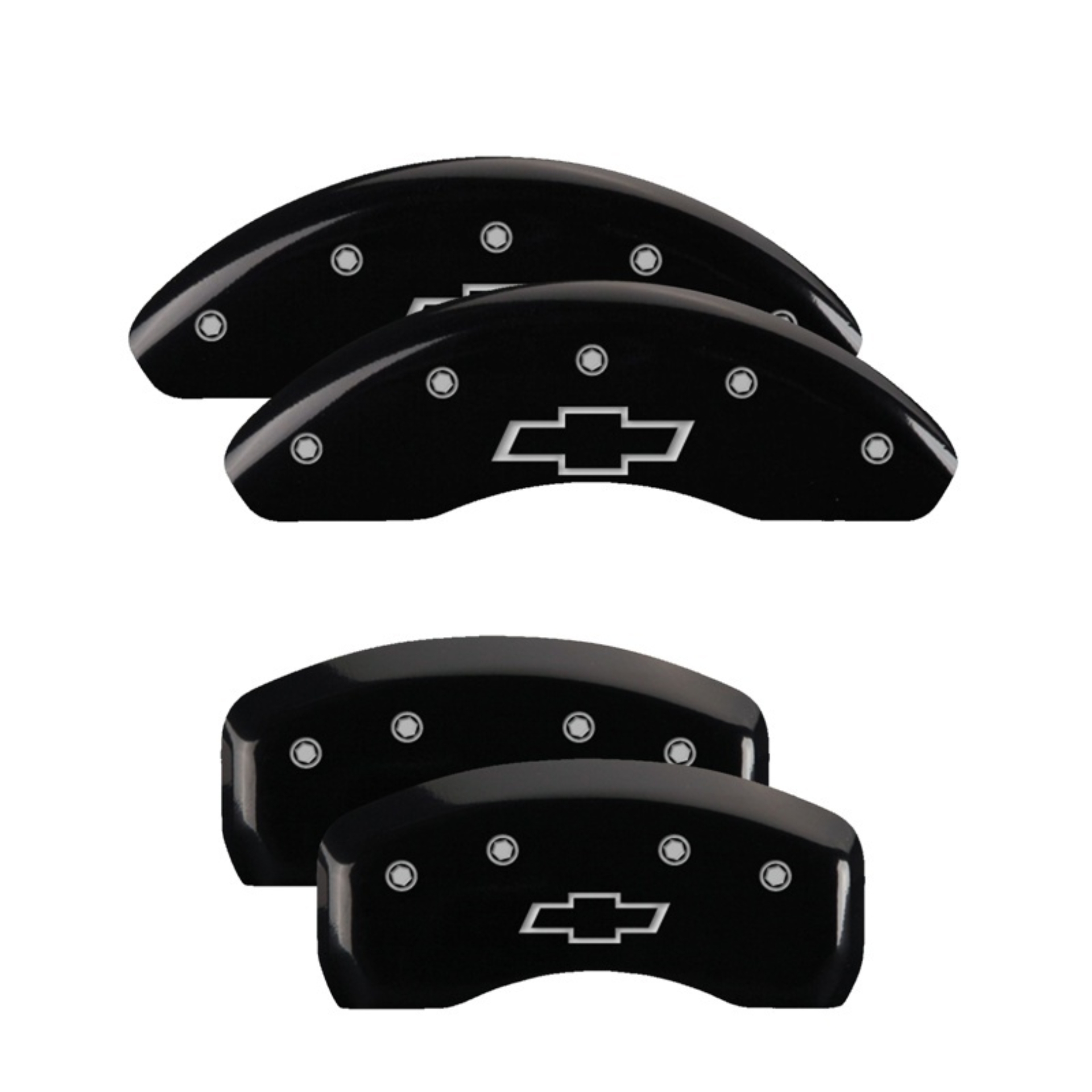 Picture of MGP 4 Caliper Covers Engraved Front & Rear Bowtie Black Finish Silver Char 2019 Chevrolet Malibu