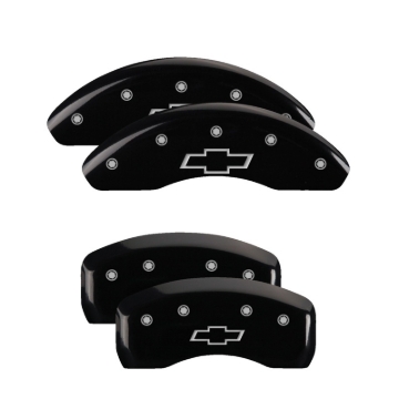 Picture of MGP 4 Caliper Covers Engraved Front & Rear Bowtie Black Finish Silver Char 2019 Chevrolet Malibu