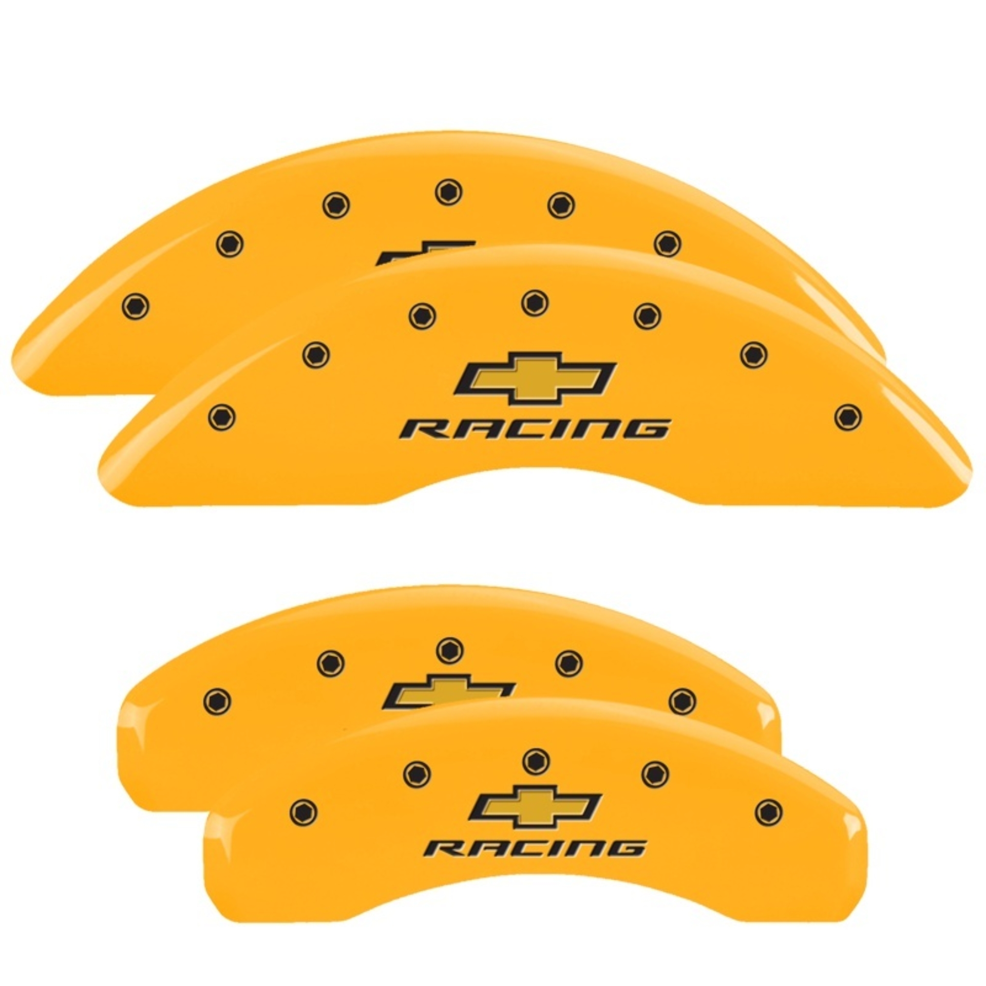 Picture of MGP 4 Caliper Covers Engraved F & R Chevy Racing Yellow Finish Black Char 2016 Chevrolet Camaro