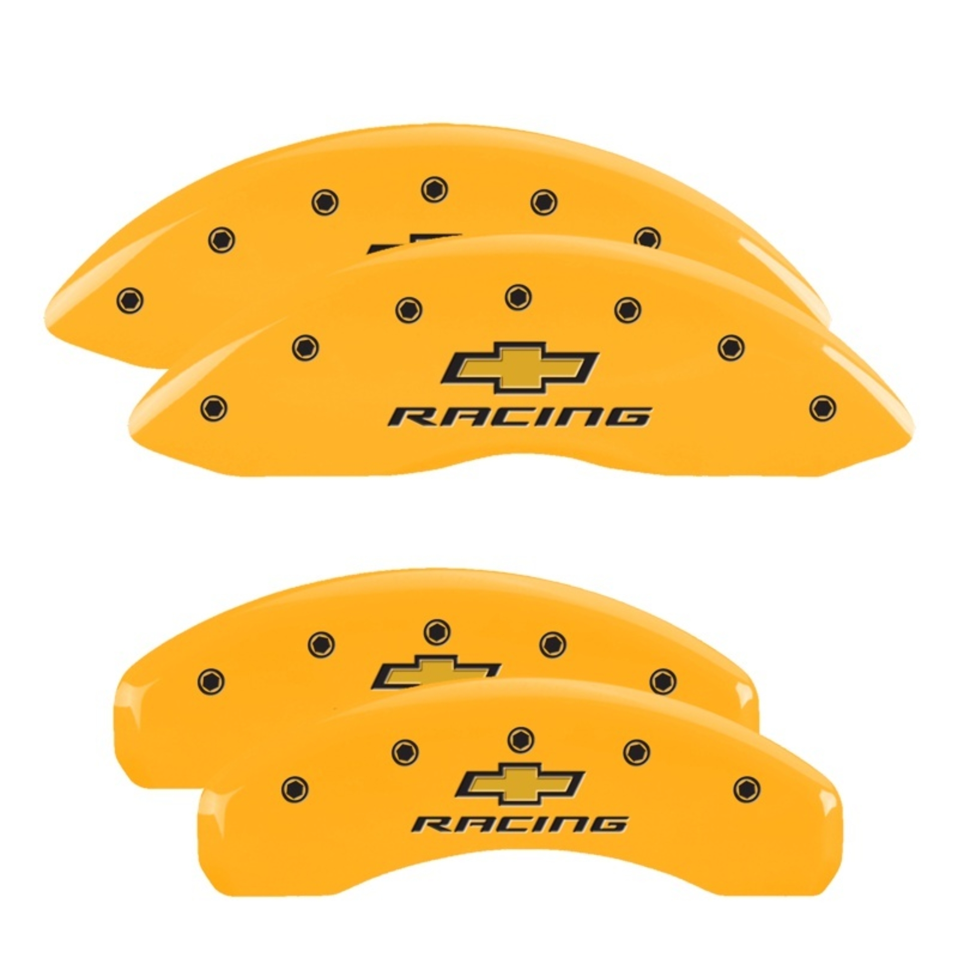 Picture of MGP 4 Caliper Covers Engraved Front & Rear Chevy Racing Yellow Finish Black Char 2016 Chevrolet SS