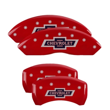 Picture of MGP 4 Caliper Covers Engraved F & R 100 Anniversary Red Finish Silver Char 2019 Chevrolet Equinox