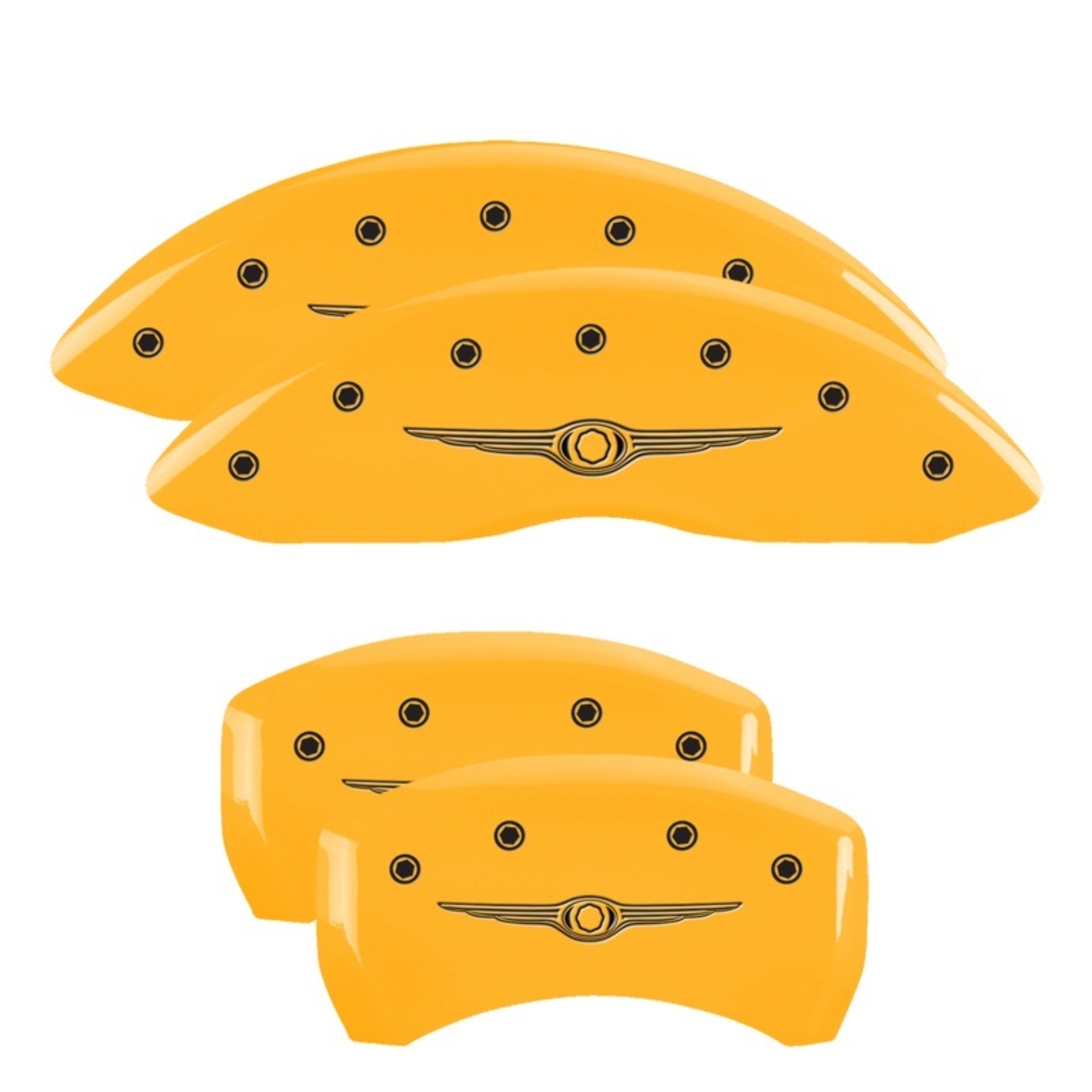 Picture of MGP 4 Caliper Covers Engraved F & R Chrysler Wing Yellow Finish Black Char 2005 Chrysler Crossfire