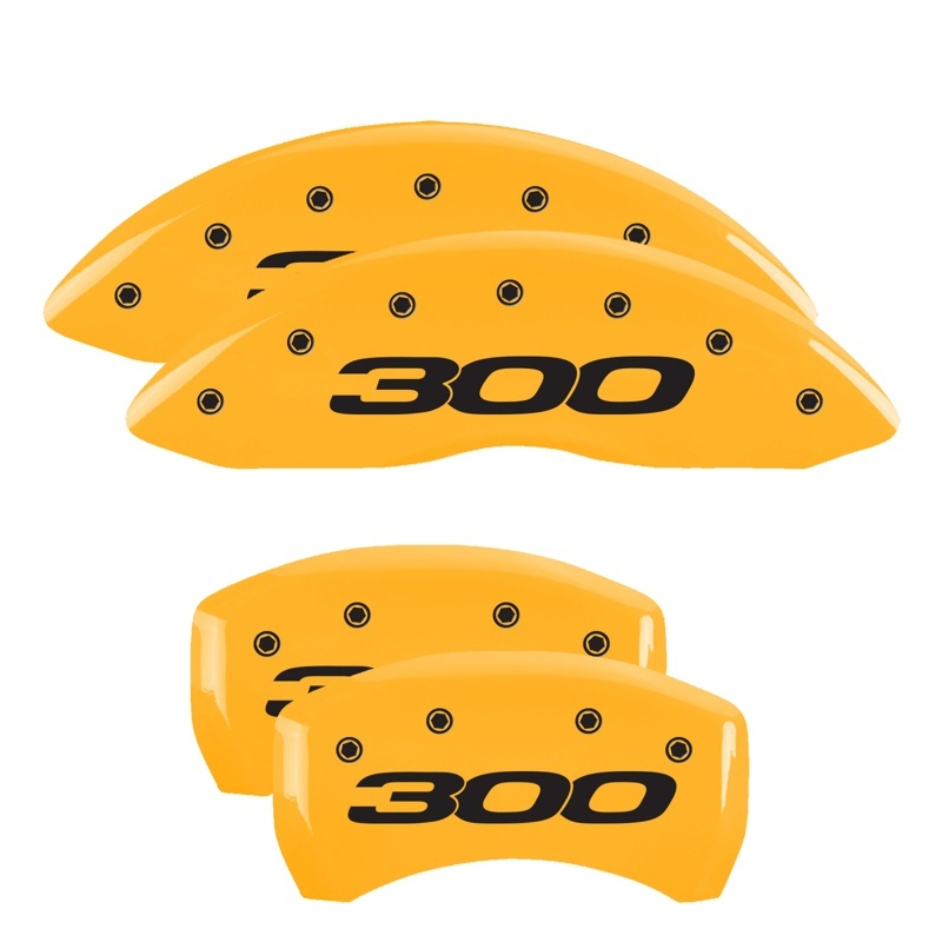 Picture of MGP 4 Caliper Covers Engraved Front & Rear 300/2017 Yellow Finish Black Char 2014 Chrysler 300