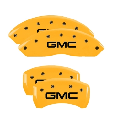 Picture of MGP 4 Caliper Covers Engraved Front & Rear GMC Yellow Finish Black Char 2019 GMC Arcadia