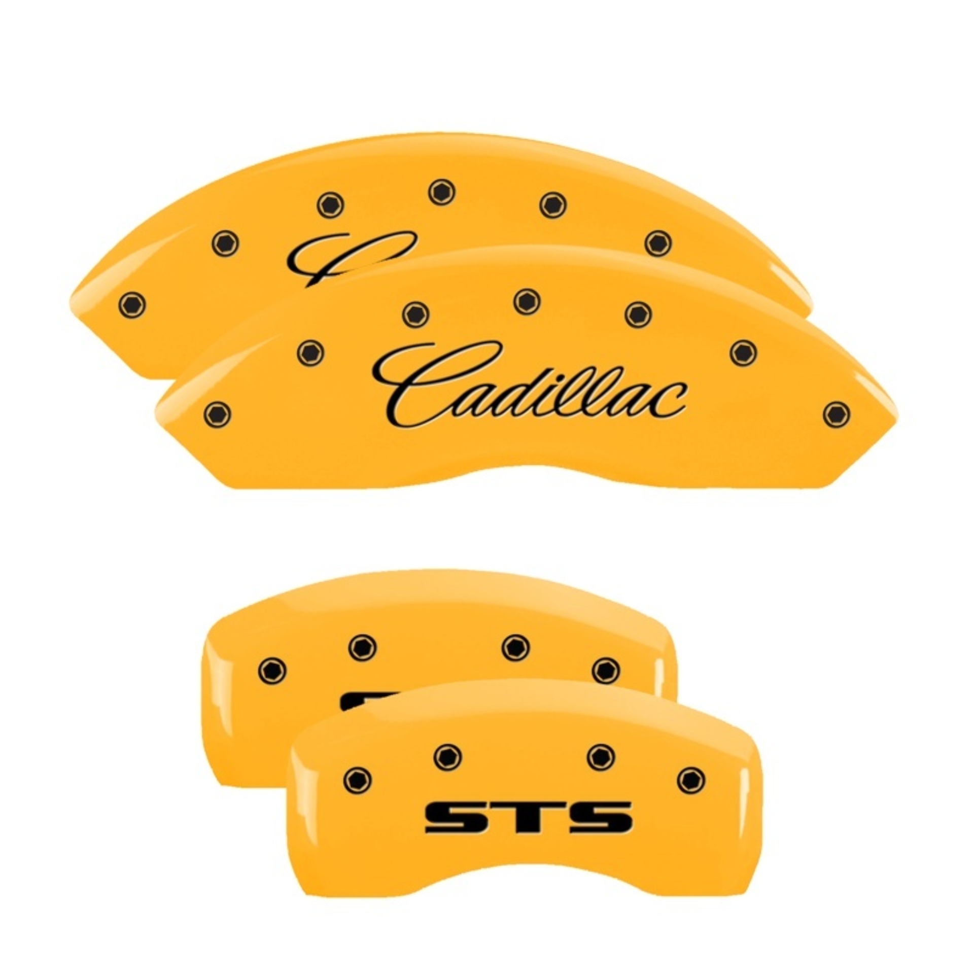 Picture of MGP 4 Caliper Covers Engraved Front Cadillac Rear STS Yellow Finish Black Char 2007 Cadillac STS