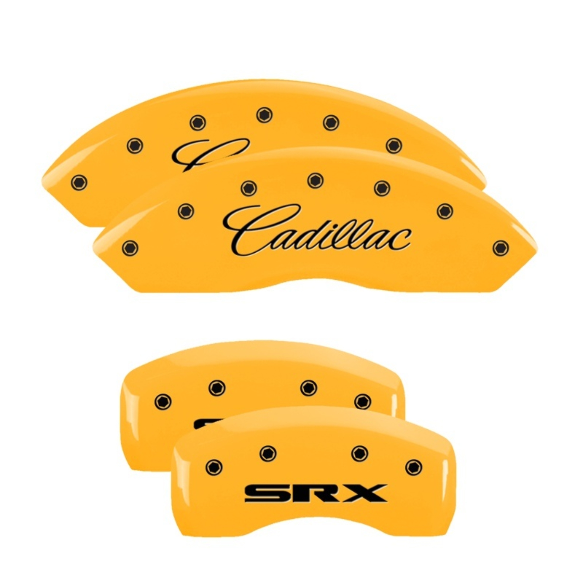 Picture of MGP 4 Caliper Covers Engraved Front Cadillac Rear SRX Yellow Finish Black Char 2006 Cadillac SRX