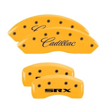 Picture of MGP 4 Caliper Covers Engraved Front Cadillac Rear SRX Yellow Finish Black Char 2006 Cadillac SRX