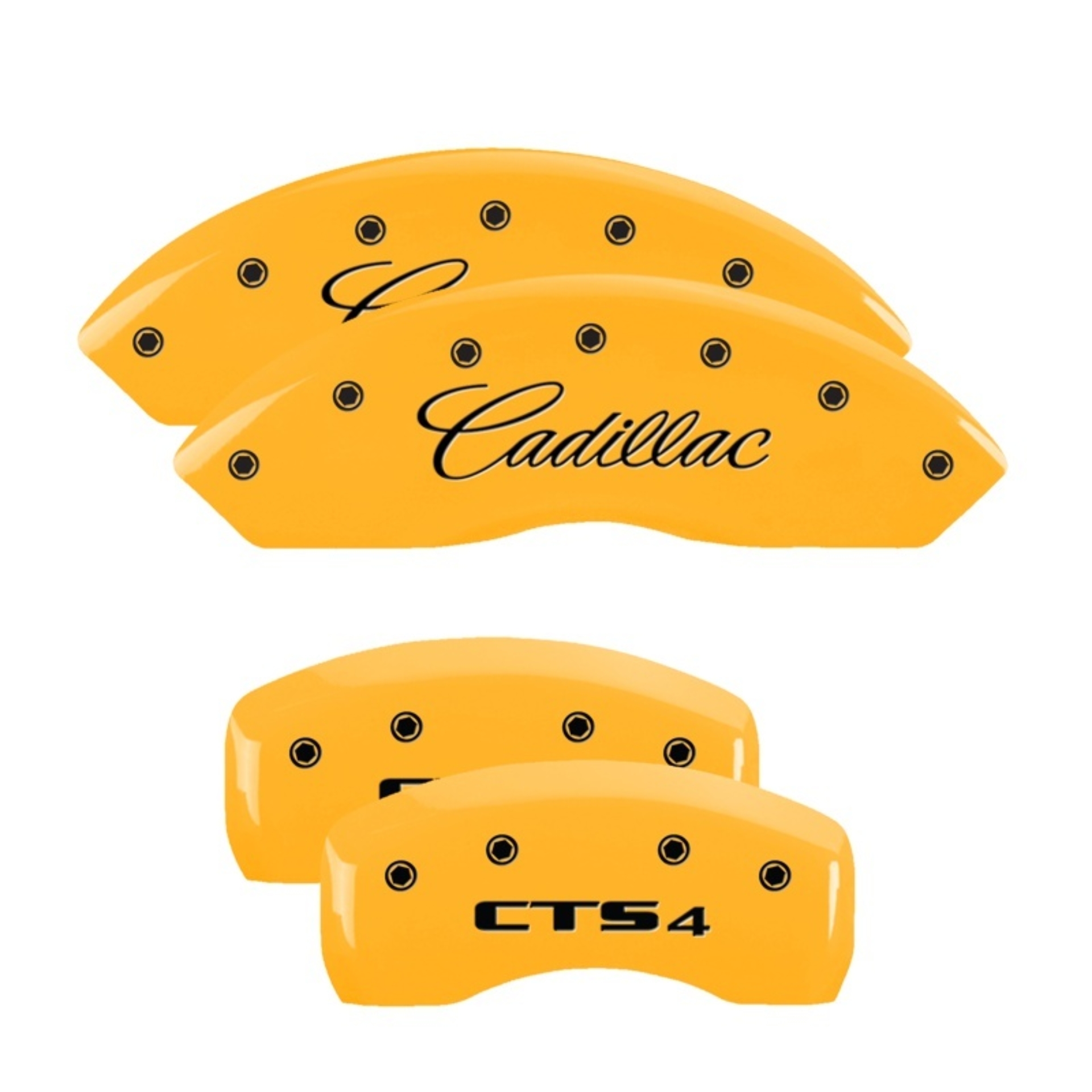 Picture of MGP 4 Caliper Covers Engraved Front Cadillac Rear CTS4 Yellow Finish Black Char 2005 Cadillac CTS