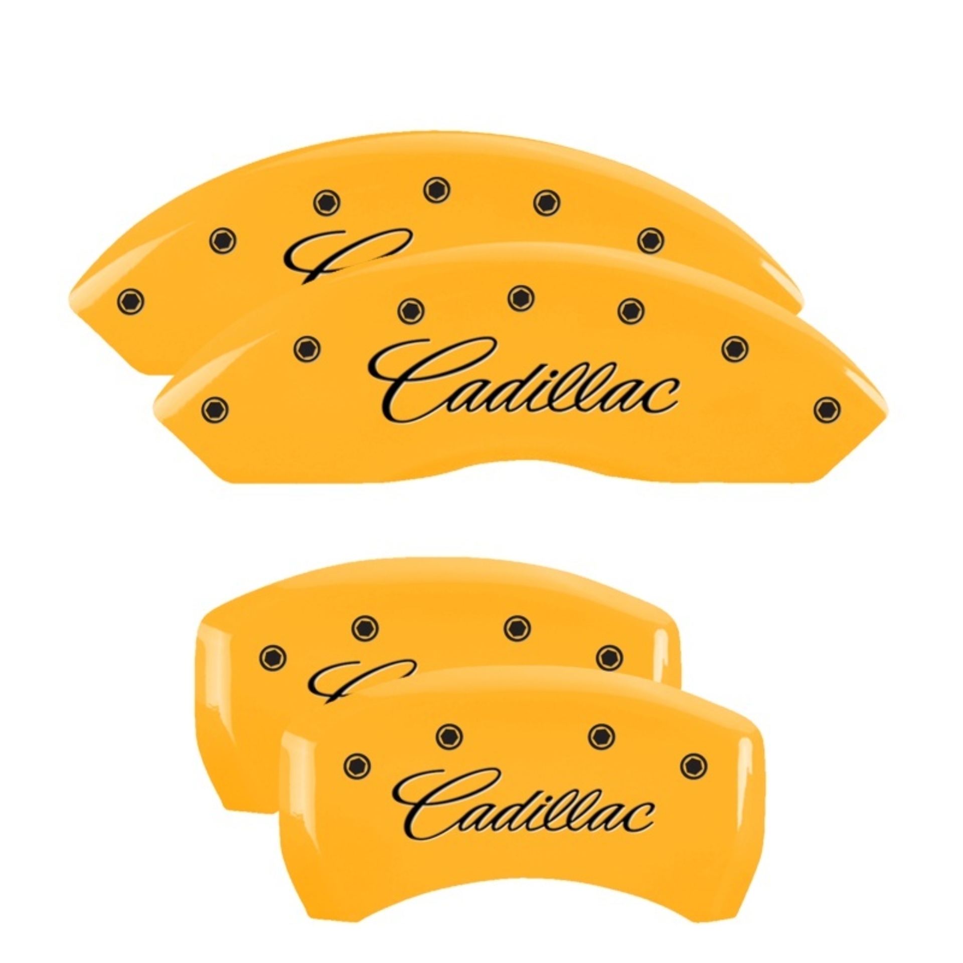 Picture of MGP 4 Caliper Covers Engraved F & R Cursive/Cadillac Yellow Finish Black Char 2017 Cadillac XT5