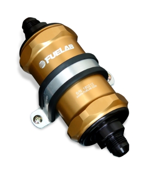 Picture of Fuelab 818 In-Line Fuel Filter Standard -6AN In/Out 40 Micron Stainless - Gold