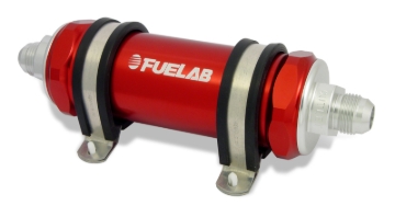 Picture of Fuelab 828 In-Line Fuel Filter Long -10AN In/Out 40 Micron Stainless - Red