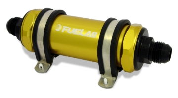 Picture of Fuelab 828 In-Line Fuel Filter Long -10AN In/Out 40 Micron Stainless - Gold