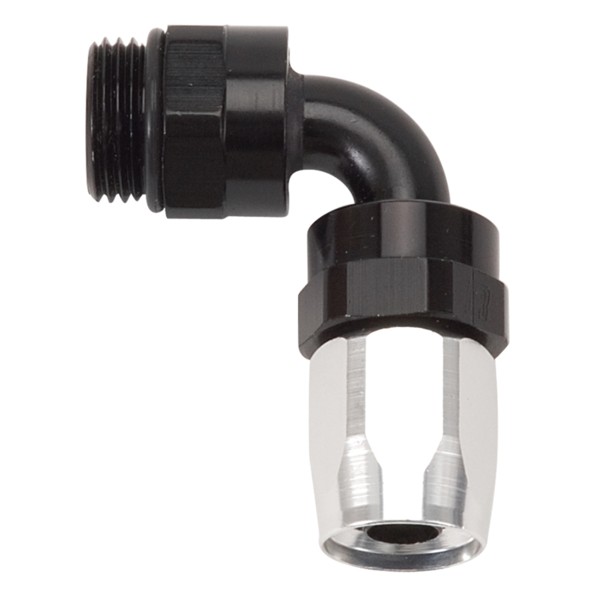 Picture of 8AN 90 Degree Radius Port Hose End To 7/8"-14 O-Ring Boss, Black/Silver Finish