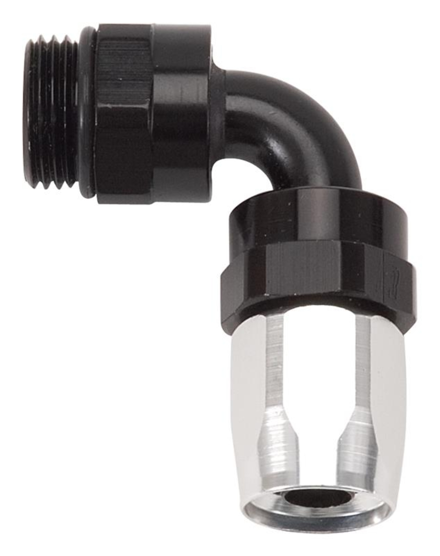 Picture of 6AN 90 Degree Radius Port Hose End To 9/16"-18 O-Ring Boss, Black/Silver Finish