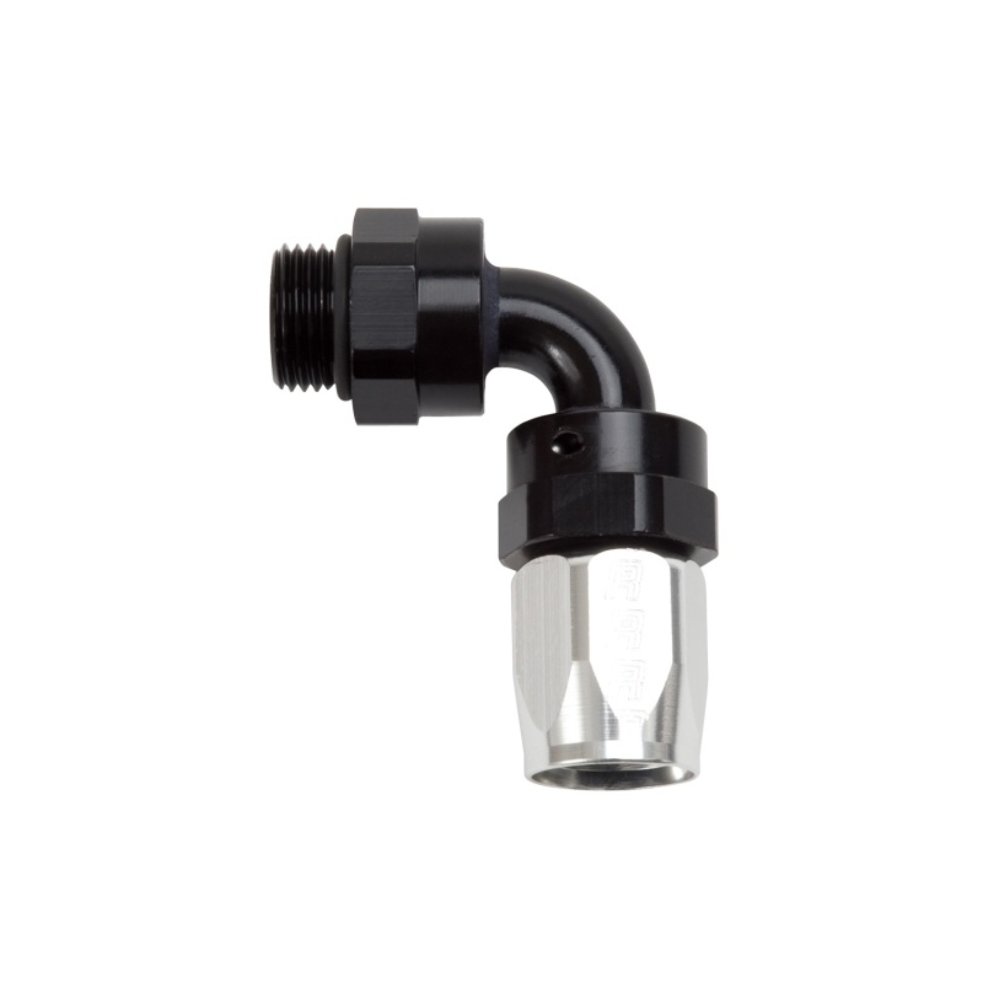 Picture of 8AN 90 Degree Radius Port Hose End To 3/4"-16 O-Ring Boss, Black/Silver Finish