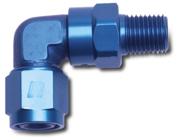 Picture of 8AN Flare Female To 3/8" NPT Male 90 Degree Swivel Fitting With Blue Finish