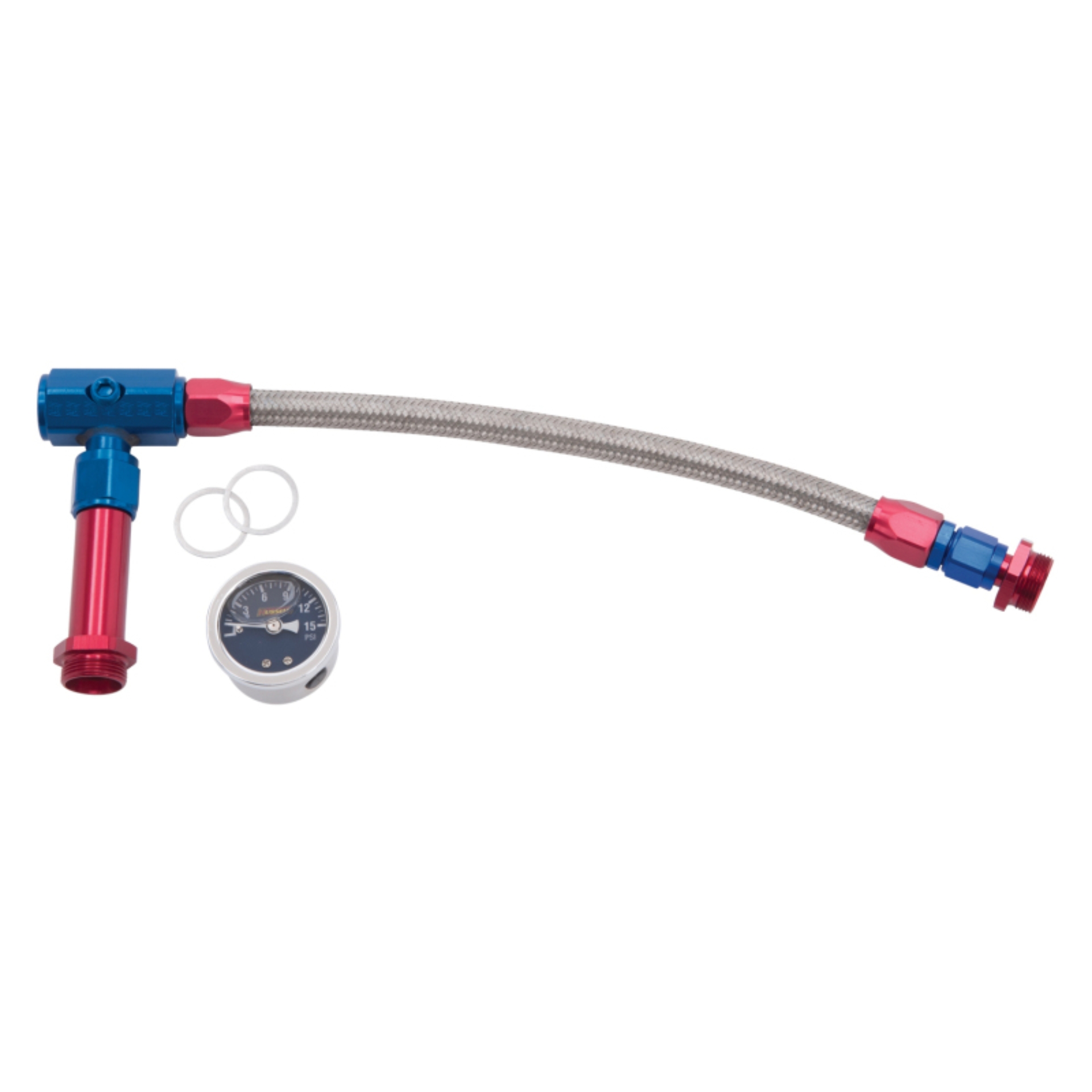 Picture of 6AN-3/8" Female NPT Carb Inlet Kit & Gauge, Holey 4150 Carbs w/ Red/Blue Finish
