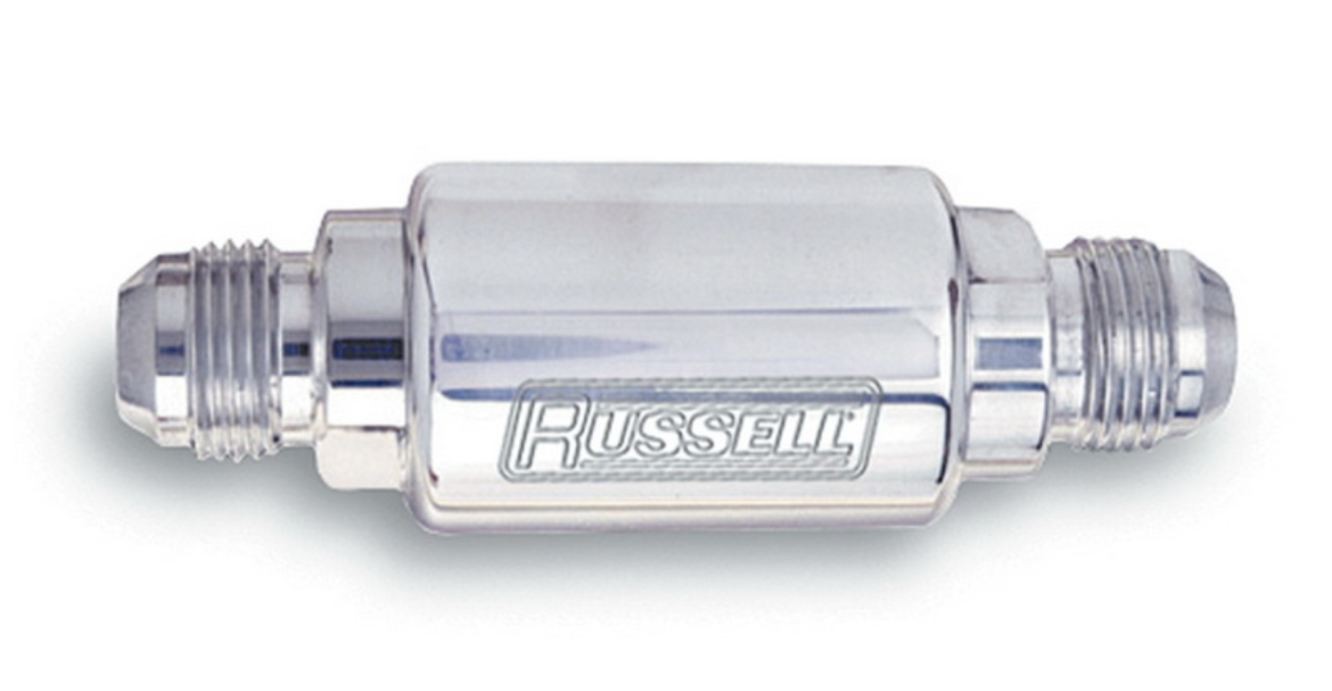 Picture of 3-1/4" Length, 8AN Male Inlet/Outlet Fuel Filter With Polished Finish