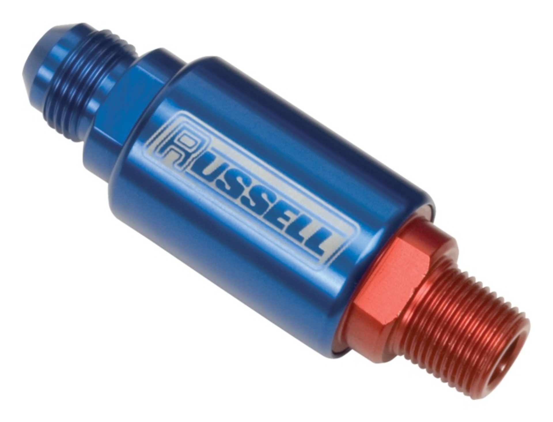Picture of 3" Length, 6AN X 3/8" Male NPT In/Out Fuel Filter With Red/Blue Finish