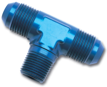 Picture of 8AN Flare To 3/8" Pipe Tee Adapter Fitting With Blue Finish