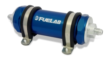 Picture of Fuelab 858 In-Line Fuel Filter Long -8AN In/Out 40 Micron Stainless w/Check Valve - Blue