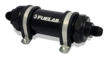 Picture of Fuelab 858 In-Line Fuel Filter Long -10AN In/Out 100 Micron Stainless w/Check Valve - Black