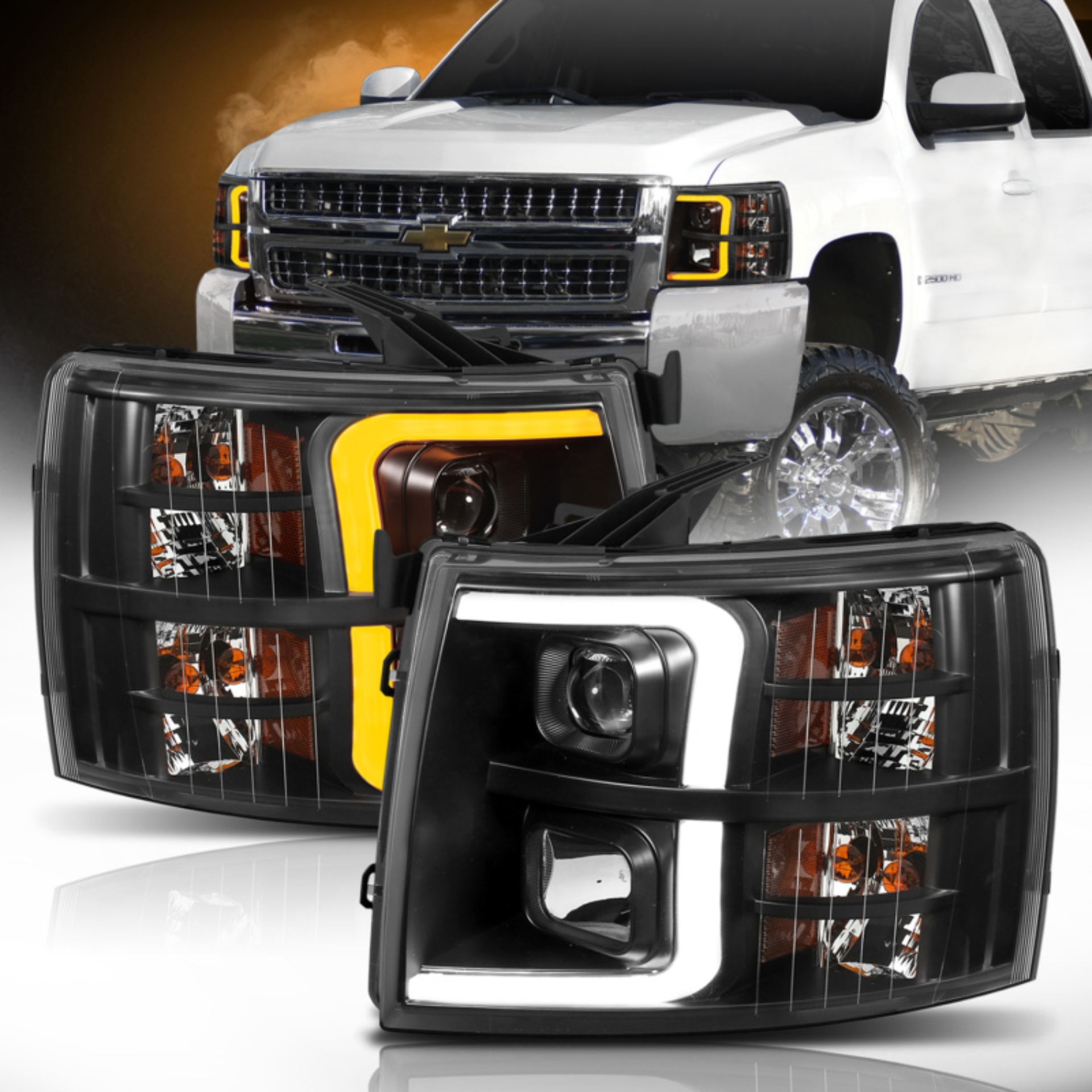 Picture of ANZO 07-13 Chevrolet Silverado 1500 Plank Style Projector Headlights Black w/ Amber