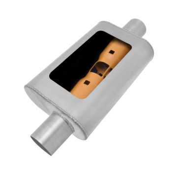 Picture of Gibson MWA Superflow Offset/Center Oval Muffler - 4x9x14in/2.5in Inlet/2.5in Outlet - Stainless