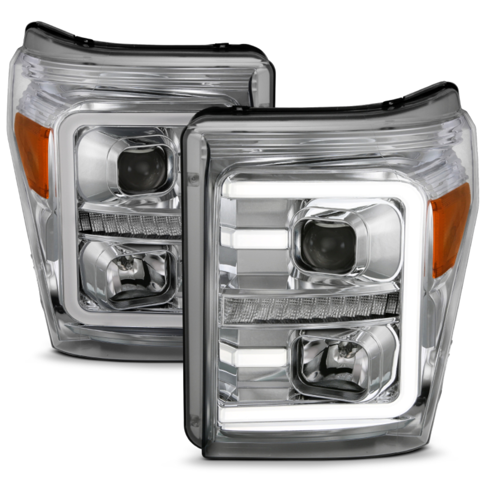 Picture of ANZO 11-16 Ford F-250/F-350/F-450 Projector Headlights w/ Plank Style Switchback Chrome w/Amber