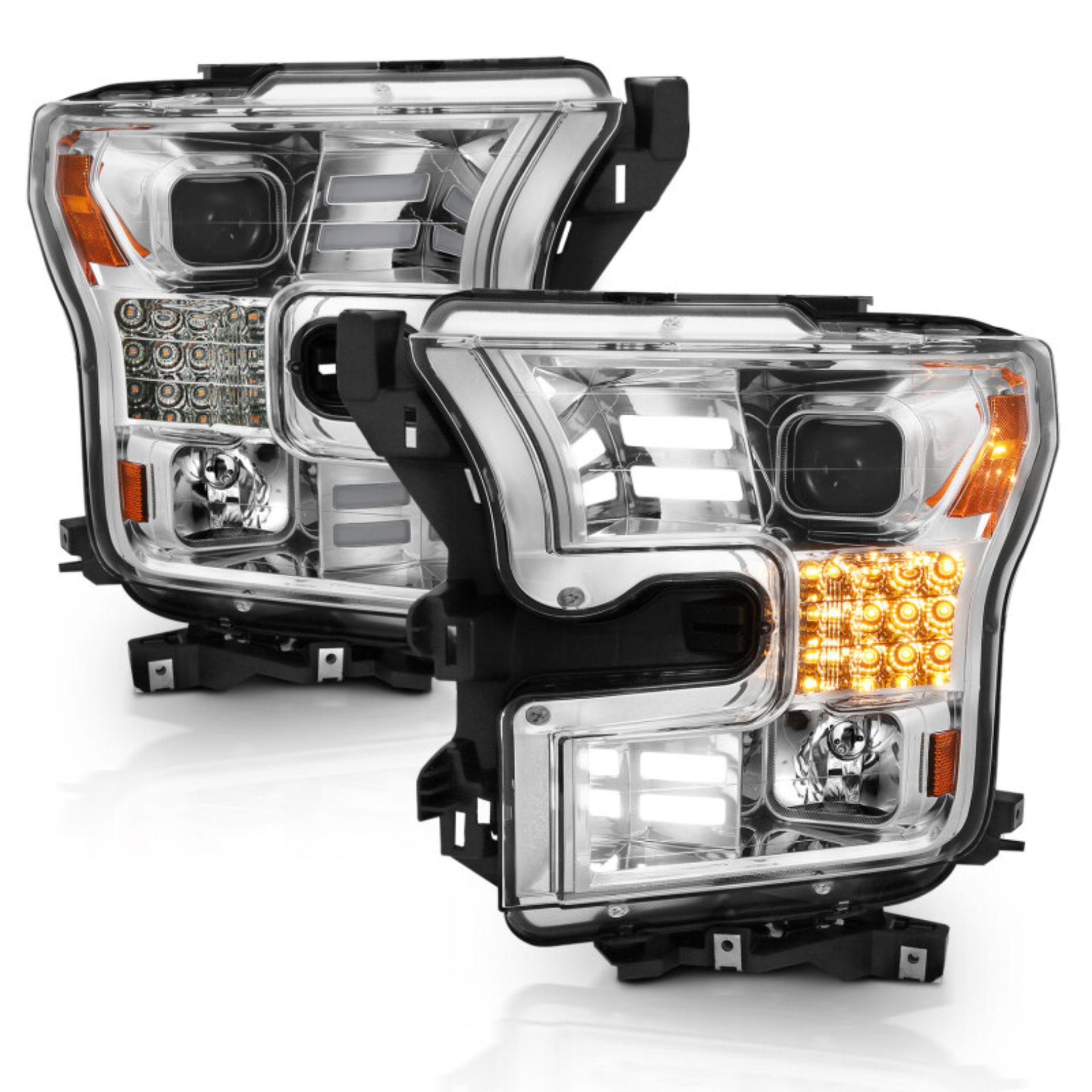 Picture of ANZO 15-17 Ford F-150 Proj Headlights w/ Plank Style Design Chrome w/ Amber Sequential Turn Signal