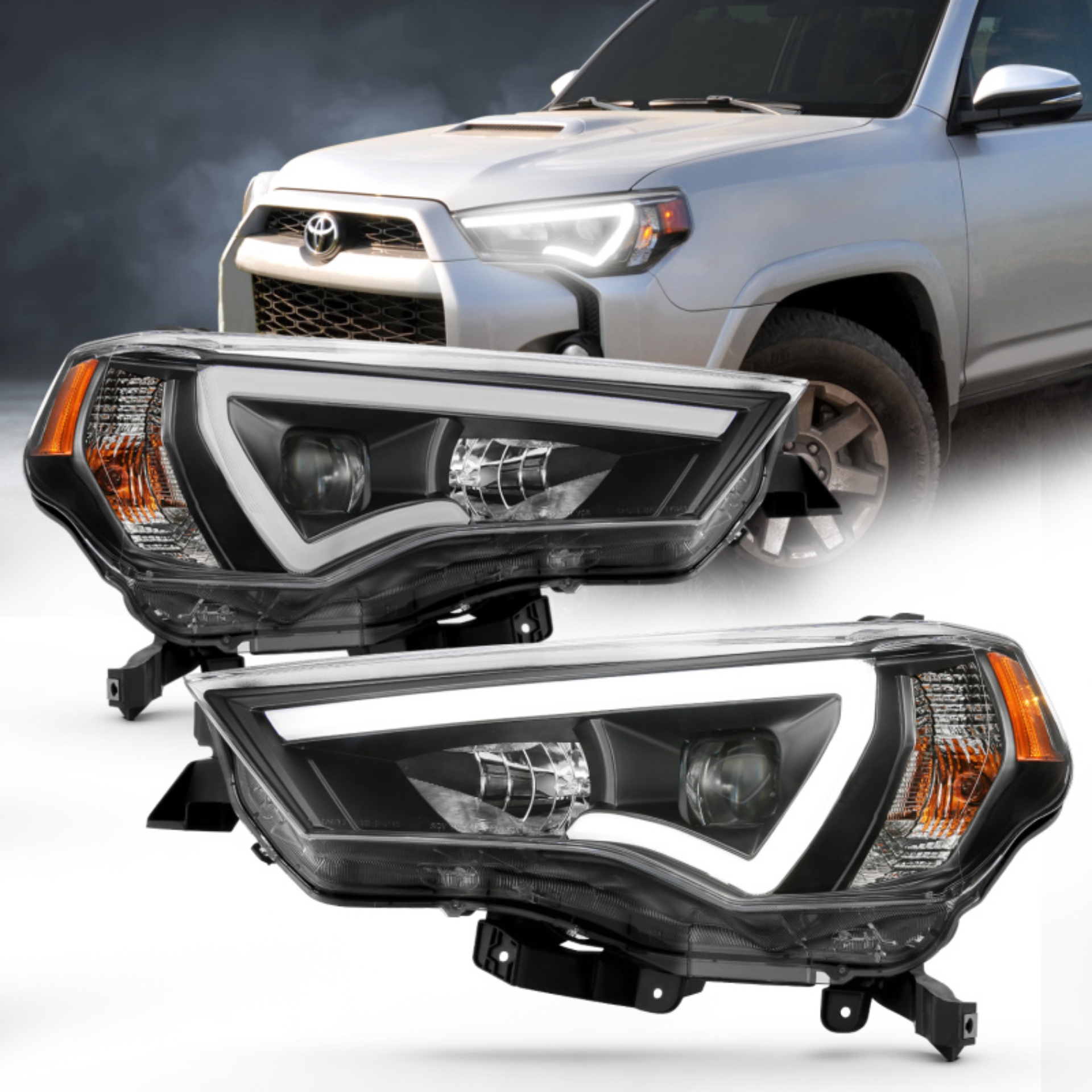 Picture of ANZO 14-18 Toyota 4 Runner Plank Style Projector Headlights Black w/ Amber