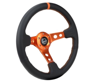 Picture of NRG Reinforce Steering Wheel (350mm / 3in. Deep) Blk Leather, Orange Center Mark w/ Orange Stitching