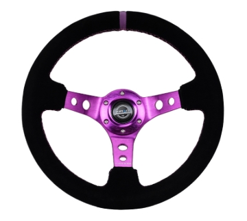 Picture of NRG Reinforced Steering Wheel (350mm / 3in. Deep) Black Suede w/Purple Center & Purple Stitching