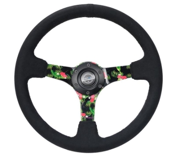Picture of NRG Reinforced Steering Wheel (350mm / 3in. Deep) Black Suede w/ 5mm Floral 3-Spoke Center