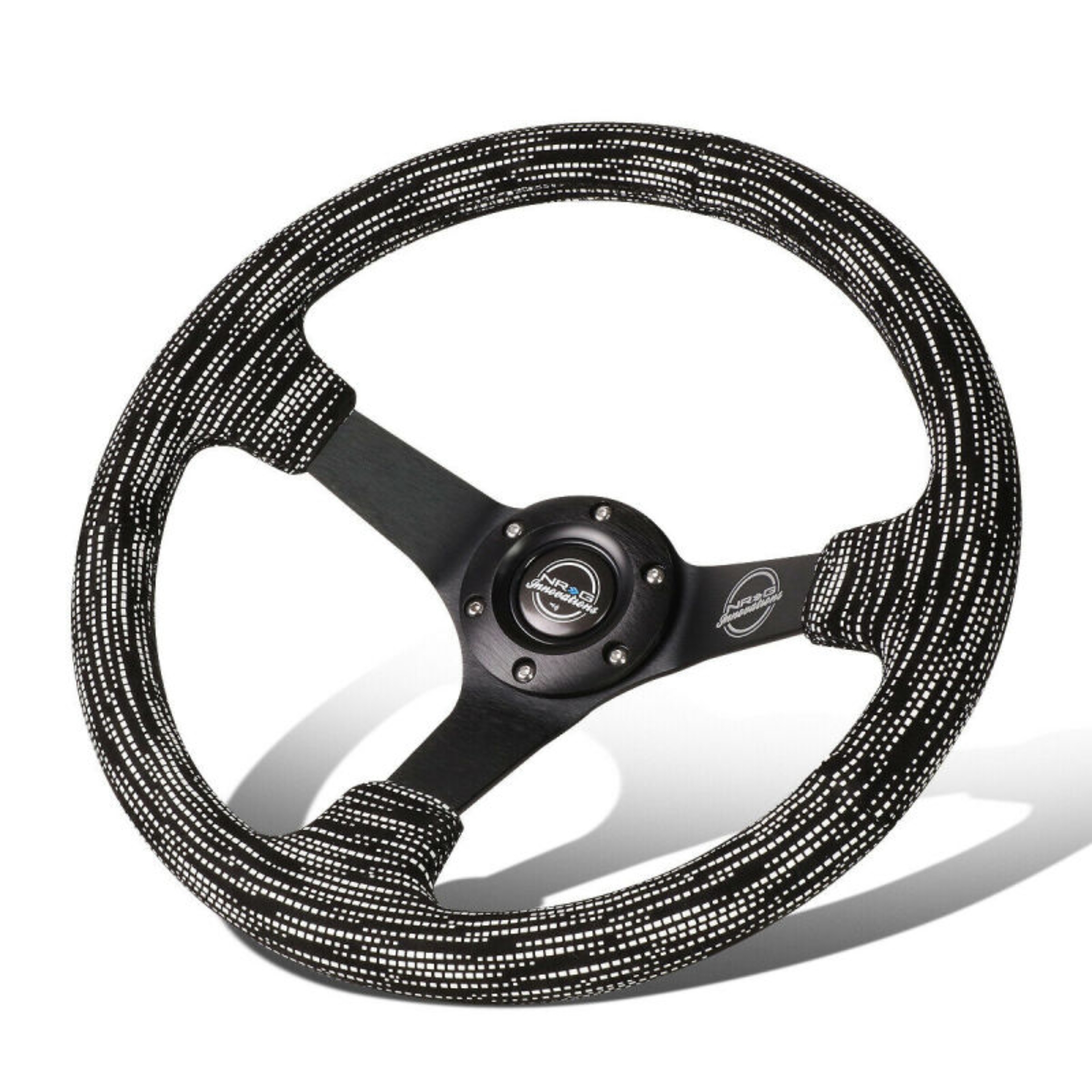 Picture of NRG Reinforced Steering Wheel (350mm / 3in. Deep) Microfiber/Black Stitch w/5mm Matte Black Spokes