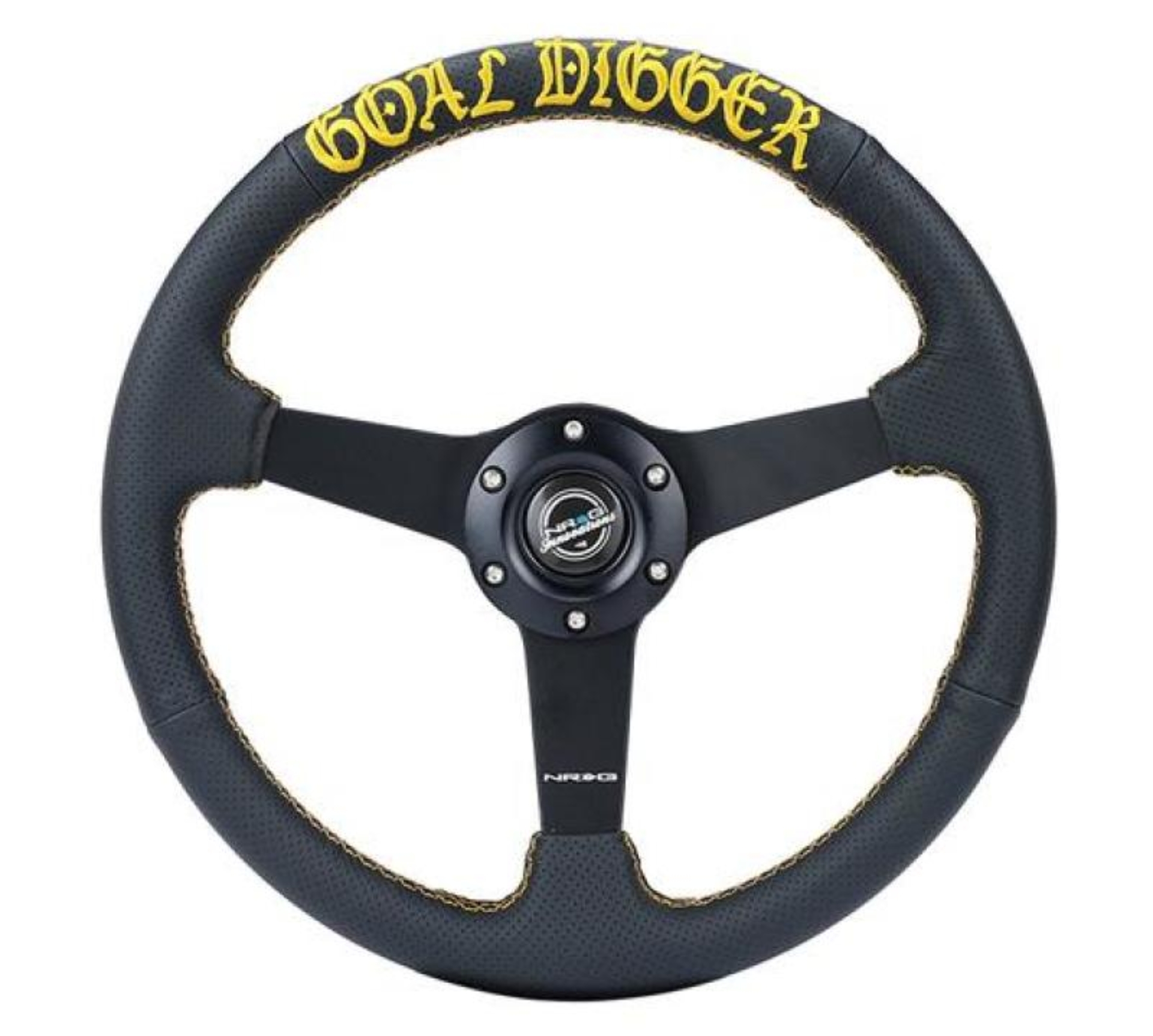 Picture of NRG Sport Steering Wheel (350mm / 1.5in Deep) Black Leather/Gold Stitch w/Matte Black Solid Spokes