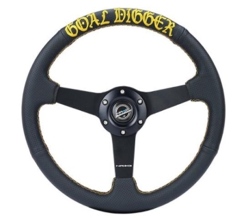 Picture of NRG Sport Steering Wheel (350mm / 1.5in Deep) Black Leather/Gold Stitch w/Matte Black Solid Spokes